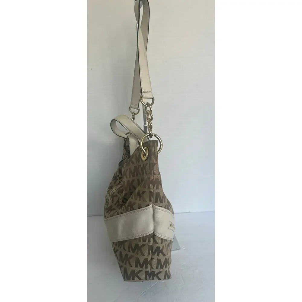 Michael Kors Signature Brown Canvas with‎ White Leather Shoulder/Hand Bag Purse
